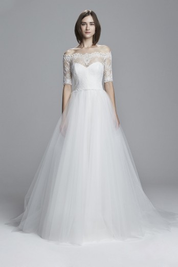 Tulle off the shoulder ball gown with lace sleeve
